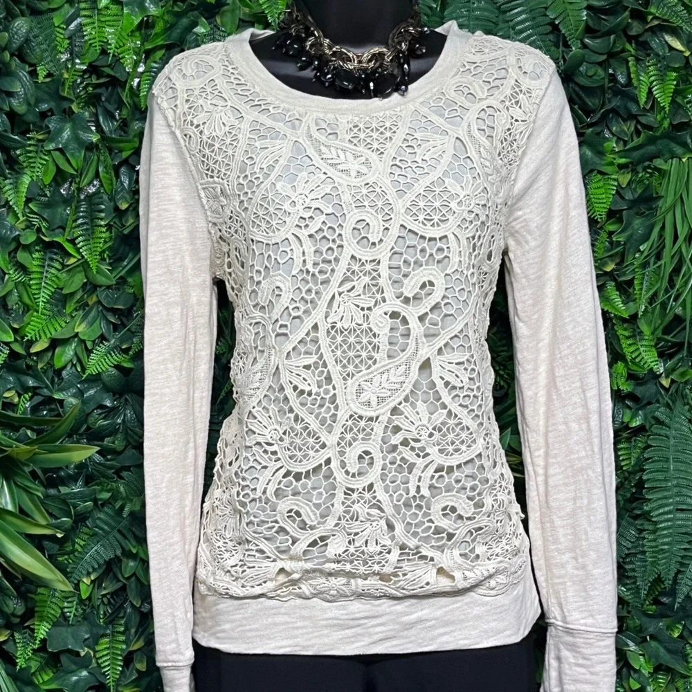 J. Crew Sweatshirt Small Cream Lace Front Crew Neck Long Sleeve Top Women 3335 - Picture 2 of 8